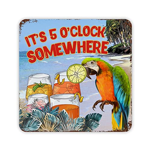 Blechschild mit Aufschrift "It's Five O'clock Somewhere", Motiv: Sommer-Getränke, Papagei, Meer, Landschaft, Metallschild, klassisch, bunt, Sommer-Thema, Dekor, Schild, Wandbehang für Kamin von Generisch