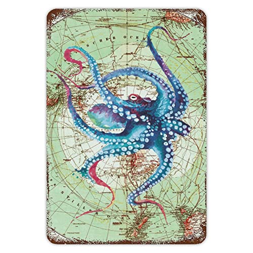 Blechschild mit alter Weltkarte, buntes Oktopus, Metallschild, Land-, Meeresleben-Schild, Metall-Wanddekoration, Kunst, motivierende Worte, hängende Poster für Küche, Wohnzimmer, Hotel, Wohnmobile von Generisch
