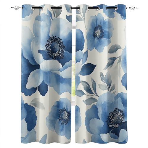 Blickdicht Gardinen B120xH140 cm 3D Blaue Rose Blumen Pfingstrose Druck Schiebevorhänge Schlafzimmer Vorhang mit Ösen Thermogardinen Gardine Wohnzimmer Verdunkelung Vorhänge Curtain Fenster Deko von Generisch