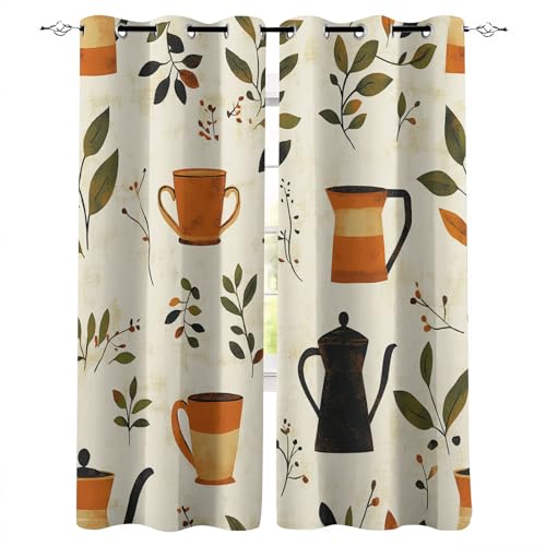 Blickdicht Gardinen B120xH140 cm 3D Mode Kaffee Teekanne Blätter Druck Schiebevorhänge Schlafzimmer Vorhang mit Ösen Thermogardinen Gardine Wohnzimmer Verdunkelung Vorhänge Curtain Fenster Deko von Generisch