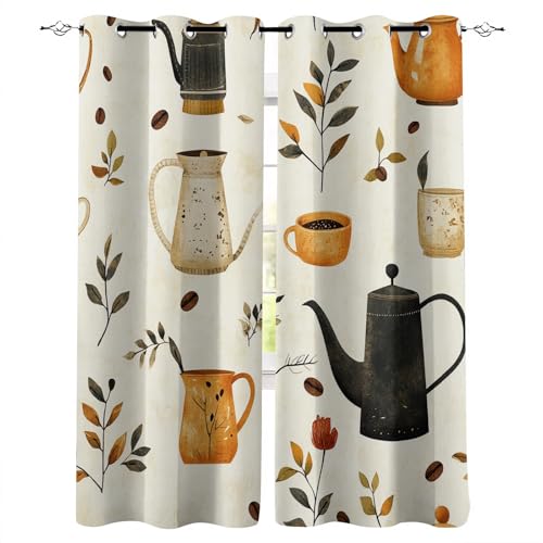 Blickdicht Gardinen B140xH160 cm 3D Mode Kaffee Teekanne Blätter Druck Schiebevorhänge Schlafzimmer Vorhang mit Ösen Thermogardinen Gardine Wohnzimmer Verdunkelung Vorhänge Curtain Fenster Deko von Generisch