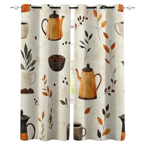 Blickdicht Gardinen B156xH165 cm 3D Mode Kaffee Teekanne Blätter Druck Schiebevorhänge Schlafzimmer Vorhang mit Ösen Thermogardinen Gardine Wohnzimmer Verdunkelung Vorhänge Curtain Fenster Deko von Generisch