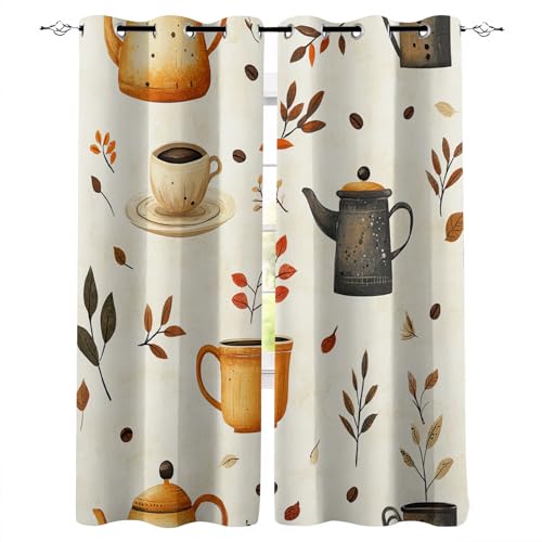 Blickdicht Gardinen B156xH165 cm 3D Mode Kaffee Teekanne Blätter Druck Schiebevorhänge Schlafzimmer Vorhang mit Ösen Thermogardinen Gardine Wohnzimmer Verdunkelung Vorhänge Curtain Fenster Deko von Generisch