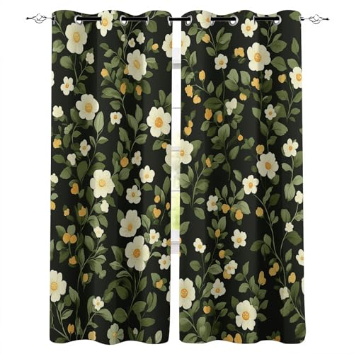 Blickdicht Gardinen B280xH175 cm 3D Grüne Blätter Ranken Weiße Blüten Druck Schiebevorhänge Schlafzimmer Vorhang mit Ösen Thermogardinen Gardine Wohnzimmer Verdunkelung Vorhänge Curtain Fenster Deko von Generisch