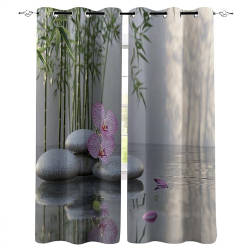 Blickdicht Gardinen B280xH245 cm 3D Bambus Blumen Fluss Kieselsteine Druck Schiebevorhänge Schlafzimmer Vorhang mit Ösen Thermogardinen Gardine Wohnzimmer Verdunkelung Vorhänge Curtain Fenster Deko von Generisch