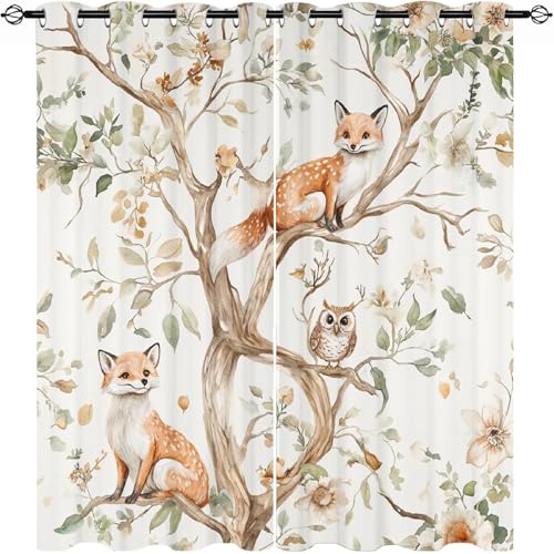 Blickdicht Verdunklungsvorhänge für Wohnzimmer H214 x B91.5 cm (2er Pack), Aquarell Waldtiere Muster Thermovorhang, Waschbarer Polyester Ösenschal Vorhang, Beige Gardinen für Kinderzimmer von Generisch
