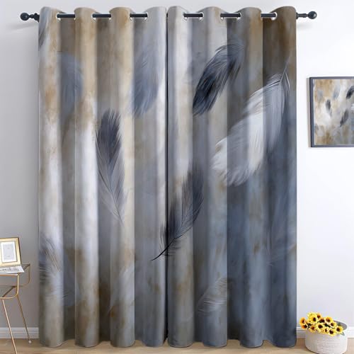 Blickdicht Vorhang Retro Federn Streifen Verdunkelungsvorhang für Kinderzimmer, Traumhafte Kunst Dekoschal mit Ösen Design für Schlafzimmer Fenster 2er Set H229 x B117 cm von Generisch