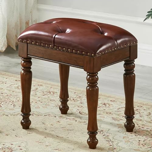 Blue Button Design Vanity Stool with Natural Wood Frame Retro High Elastic Sponge Makeup Chair for Home with Walnut Legs von Generisch