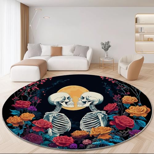 Blumen Rosen Gothic Spezial-Totenkopf Runder Teppich Wohnzimmer, Bunt Style Schlafzimmer Dekoration Teppich Teenager Männer Gaming Zone Rugs Mat rutschfest Washable, 160 cm von Generisch