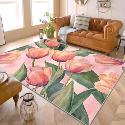 Blumen Teppich Rosa - Teppich Wohnzimmer Schlafzimmer Rosa Blumenmuster, Kleiner Teppich Mädchen Blumen, Weich Kurzflor & Waschbar & rutschfest Fussmatte Innen, Kinderteppich 60x90 cm von Generisch