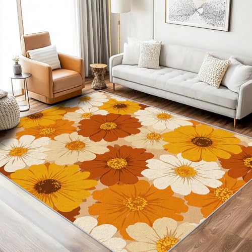 Blumen Teppich Wohnzimmer 120x200 Waschbar Mit Muster 70er 80er Thema Floral Teppiche Gegend Schlafzimmer Deko & Wohnaccessoires, Kurzflor Teppich Weich rutschfest Bettvorleger, FD1468 von Generisch