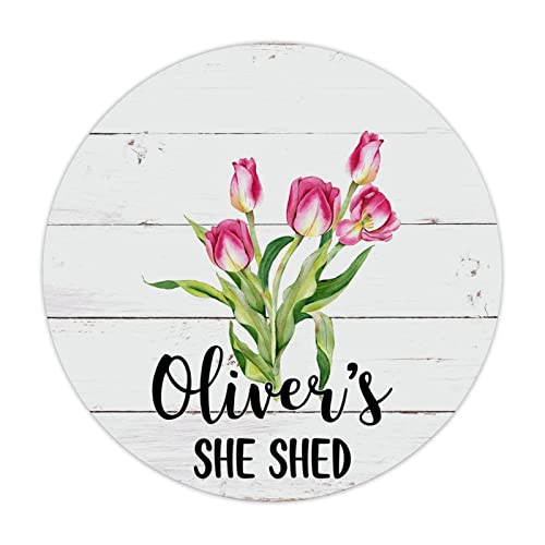 Blumenstrauß-Blechschild, personalisierbar, Metallschild, rosa Tulpe, "She Shed", Dekoration, Blumenstrauß, personalisierbar, schickes Schild für Flur, Zuhause, Schule, fertig zum Aufhängen, 30,5 cm von Generisch