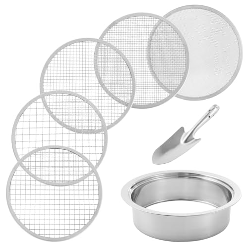 Bodensieb für Gartenarbeit, Gartensieb Edelstahl Pelletsieb, 5 Mesh Siebe, 1/3/6/9/12mm Garten Pflanzsieb und Schaufel Set für Sandfelsen Schmutz Kompost Steine von Generisch