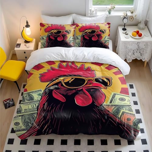 Bold Rooster Bedding Retro-Straßenkunst-Bettbezug mit Geldgrafik, modischer Trösterbezug für junge Erwachsene, Schlafzimmerdekoration (Stil 5, Doppelbett 200 x 200 cm + 65 x 65 cm x 2) von Generisch