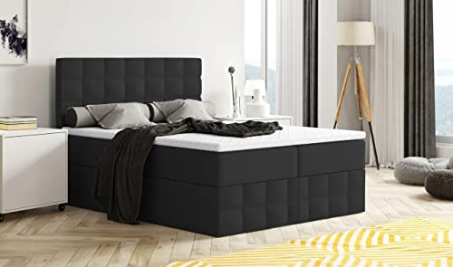 Moderne Boxspringbett MERA Premium Bett mit Bettkasten Ziernähten Bonell Matratze H3 Federkern Topper Polsterbett Doppelbett Schlafzimmer (Schwarz - Aura 18, 140 x 200) von Generisch