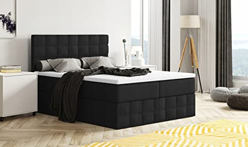 Moderne Boxspringbett MERA Premium Bett mit Bettkasten Ziernähten Bonell Matratze H3 Federkern Topper Polsterbett Doppelbett Schlafzimmer (Schwarz - Madryt 1100 (Kunstleder), 140 x 200) von Generisch