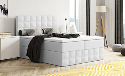 Moderne Boxspringbett MERA Premium Bett mit Bettkasten Ziernähten Bonell Matratze H3 Federkern Topper Polsterbett Doppelbett Schlafzimmer (160 x 200, Weiss - Madryt 120 (Kunstleder)) von Generisch