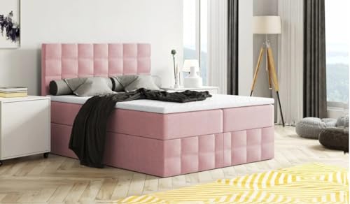 Moderne Boxspringbett MERA Premium Bett mit Bettkasten Ziernähten Bonell Matratze H3 Federkern Topper Polsterbett Doppelbett Schlafzimmer (Rosa - Enzo 152, 140 x 200) von Generisch