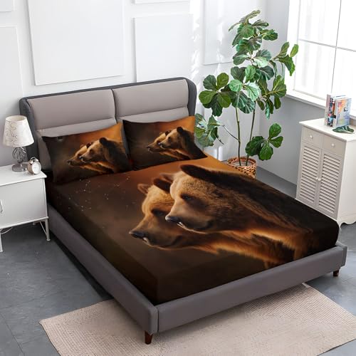 Braun Spannbettlaken Weiche Atmungsaktivem 90 x 200 cm, Tiefe Tasche Matratzenschoner rutschfeste Atmungsaktive Nachthimmel Tiere Bären Spannbettlaken für Kinder Erwachsene von Generisch