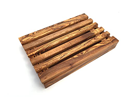 Brotschneidebrett mit Krümelfach rechteckig 30 cm, Set wählbar mit oder ohne Brotmesser, aus Olivenholz in Handarbeit, Geschenk. (Brotschneidebrett) von Generisch