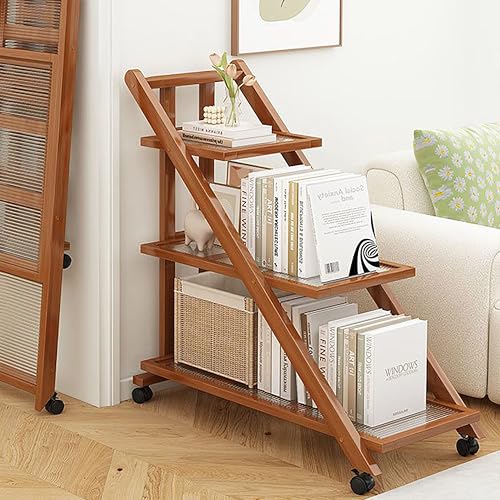 Bücherwagen, Bambus, massives Farbblock-Design, Holz-Beistelltisch mit Universalrollen, mobiler mehrstöckiger Beistelltisch für Wohnzimmer, Aufbewahrungskörbe (Blaugrün, Acryl, 3 Schichten) von Generisch