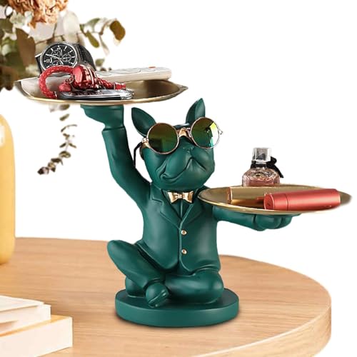 Bull Dog Schlüsseltablett – Statue des Butler-Tabletts für Hunde | Französische Bulldogge Statue mit 2 Tabletts, Hundeskulptur Schmuckhalter, Schlüsselschale aus Kunstharz mit Ornamenten von Generisch