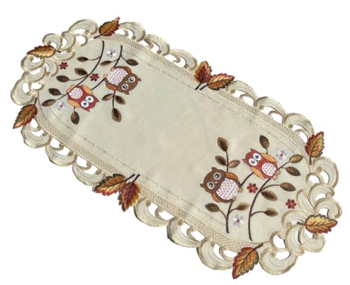 Bunte Eulen Herbstblätter Tischläufer Tischdecke Mitteldecke Deckchen gestickt (ca. 35x70 cm) von Generisch