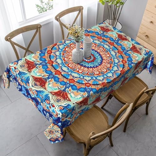 Bunte Mandala-Tischdecke, rechteckig, 140 x 90 cm, ethnische Blume, Tischdecke für Esstisch, knitterfrei, Tischdecke für Zuhause, drinnen und draußen, Party-Dekoration von Generisch