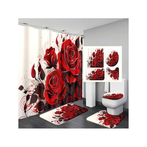 Buntes Badezimmer-Set 4 Stück Blumen-Duschvorhang-Sets Mit Rutschfesten Teppichen Und WC-Deckelabdeckung, Maschinenwaschbar, Duschvorhänge, Langlebig, Wasserdicht Für Badezimmer (Rot,180x180cm) von Generisch