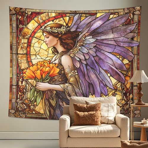 Buntglas-Wandteppich, Blumenfee, Wandbehang, bunte böhmische Dekoration für Wohnzimmer, Schlafzimmer, Wohnheim, künstlerisches Zuhause, ästhetisch, 152,4 x 127,7 cm von Generisch