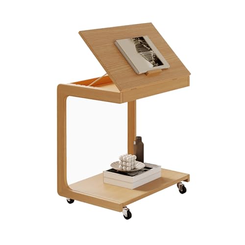 C-förmiger Beistelltisch mit rollenden Rädern, verstellbarer Winkel, mobiler Couchtisch aus Massivholz, für kleine Räume, perfekt für Schlafzimmer oder Wohnzimmer von Generisch