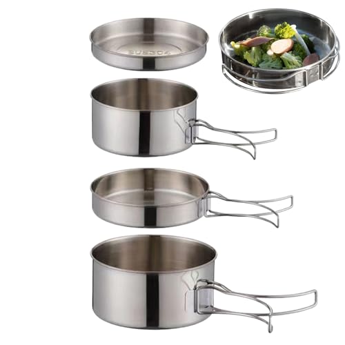 Camping- -Set, Edelstahl-Kochgeschirr-Set, kompakt, leicht, Kochausrüstung, hitzebeständige Klappgriffe, stapelbares Aufbewahrungsdesign, perfekt für Camping, Wandern, Picknick, (Silber) von Generisch