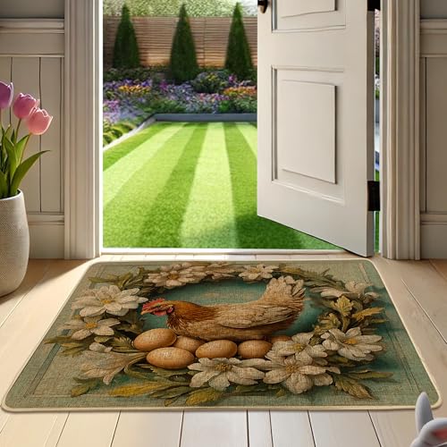 Charming Hen Fußmatte, rustikales Huhn-Design für Frühling und Ostern, natürliche Kokosfaser, rutschfest, für drinnen und draußen, leicht zu reinigen, Gartendekoration, 73 x 43 cm von Generisch