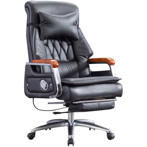 Chefsessel aus Rindsleder mit Fußstütze, 90°-155° neigbar, hohe Rückenlehne, Bürostuhl mit Massivholz-Armlehnen, 360° drehbar (schwarz) von Generisch