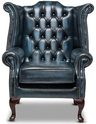 Chesterfield Queen-Anne-Stuhl mit hoher Rückenlehne, 100 % echtes antikblaues Leder, handgefertigter Flügelrücken-Sessel mit tiefen Knöpfen, Mahagoni-Beinen und FSC-Hartholz-Rahmen, luxuriöse von Generisch