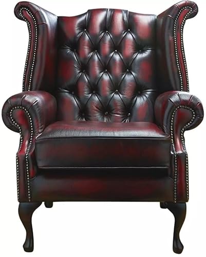 Chesterfield Queen-Anne-Stuhl mit hoher Rückenlehne, 100 % echtes antikes rotes Leder, handgefertigter Flügelrücken-Sessel mit tiefen Knöpfen, Mahagoni-Beinen und FSC-Hartholz-Rahmen, luxuriöse von Generisch