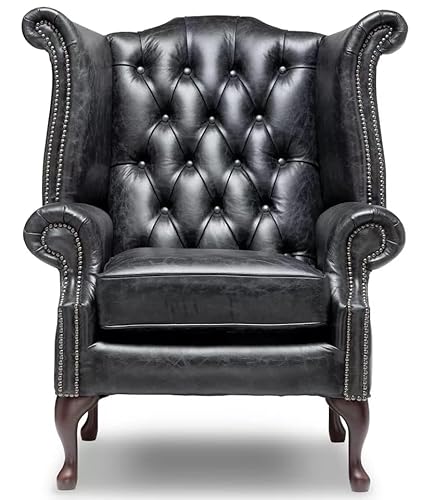 Chesterfield Queen-Anne-Stuhl mit hoher Rückenlehne, 100 % echtes schwarzes Leder, handgefertigter Flügelrücken-Sessel mit tiefen Knöpfen, Mahagoni-Beinen und FSC-Hartholz-Rahmen, luxuriöse britische von Generisch