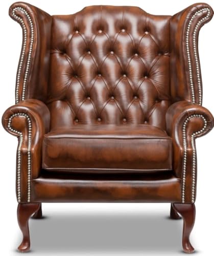 Chesterfield Queen-Anne-Stuhl mit hoher Rückenlehne, extra breiter Sitz aus 100 % echtem antikem, herbstbraunem Leder, handgefertigter Flügelrücken-Sessel mit tiefen Knöpfen und Mahagoni-Beinen Chesterfield Queen-Anne-Stuhl mit hoher Rückenlehne, extra breiter Sitz aus 100 % echtem antikem, herbstbraunem Leder, handgefertigter Flügelrücken-Sessel mit tiefen Knöpfen und Mahagoni-Beinen von Generisch