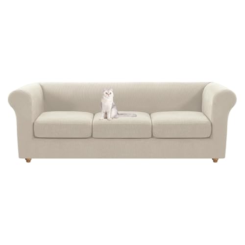 Chesterfield Sofabezug, Stretch-Kissen, Schonbezug für 1-, 2-, 3-Sitzer, rutschfester Sofaschutz für gebogene Couch und Sessel (Elfenbeinfarben, 3-Sitzer) von Generisch