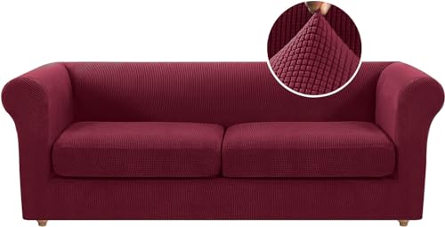 Chesterfield Stretch-Sofabezug für 2-Sitzer, rutschfester Spandex-Schonbezug mit separaten Kissenbezügen, perfekt für Wohnzimmermöbelschutz, Weinrot von Generisch