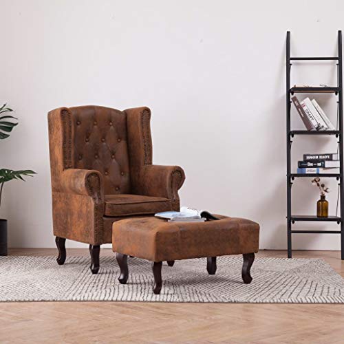 Chesterfield Stuhl und Fußhocker Braun Wildlederoptik Chesterfield Sessel mit Fußhocker Relaxsessel Polstersessel Relaxsessel von Generisch