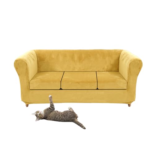 Chic Lemon Stretch Samt Chesterfield Sofabezug Vintage Couchschutz mit Kissenbezügen für geschwungenes Sofa & Sessel für 3 kleine Sitze von Generisch
