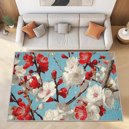 Chinesische Blumen Kurzflor Teppich Wohnzimmer 240x300 cm Rote Weiße Blumen Teppiche Waschbar Weich - Blumenmuster Carpet Groß für Schlafzimmer und Esszimmer von Generisch