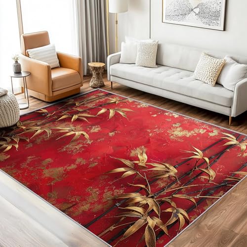Chinesischer Rot Teppich Wohnzimmer 160x220 Waschbar Mit Muster Gold Blätter Teppiche Gegend Schlafzimmer Deko & Wohnaccessoires, Kurzflor Teppich Weich rutschfest Bettvorleger, FD3339 von Generisch