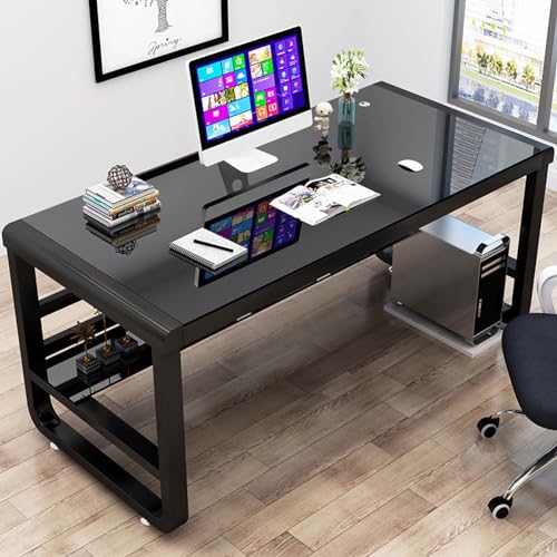 Computertisch aus gehärtetem Glas mit Ablagen – Moderner, einfacher Arbeitsschreibtisch für PC, Laptop und Gaming von Generisch