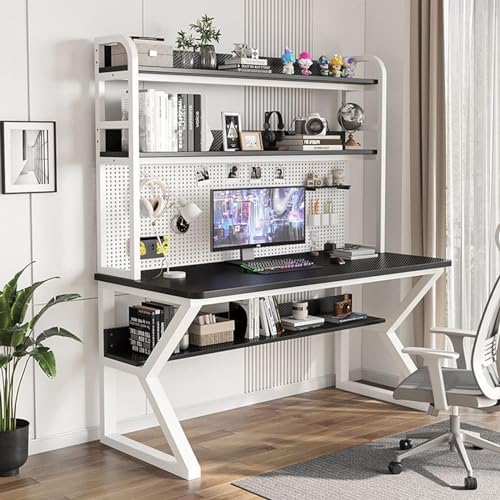 Computertisch mit Regalen, Gaming-Schreibtisch mit Stauraum, Stehpult – Haushalts-Schreibtisch mit Bücherregal, integrierte Kombination für Arbeit und Studium (Farbe: weißes Regal + Faserschwarz, von Generisch