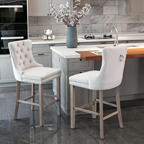 Contemporary Velvet Upholstered Barstools with Button Tufted Decoration and Wooden Legs, and Chrome Nailhead Trim, Leisure Style Bar Chairs,Bar stools, Set of 2 (Beige) von Generisch