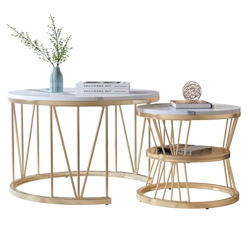 Couchtisch Rund 2er Set, Hochglänzend Satztisch mit Stauraum, Groß: 70 x 70 x 45 cm Klein: 45 x 45 x 40 cm, Moderne Wohnzimmertisch mit Marmoroptik, für Büro, Wohnzimmer, & Balkon, Gold Couchtisch Rund 2er Set, Hochglänzend Satztisch mit Stauraum, Groß: 70 x 70 x 45 cm Klein: 45 x 45 x 40 cm, Moderne Wohnzimmertisch mit Marmoroptik, für Büro, Wohnzimmer, & Balkon, Gold von Generisch