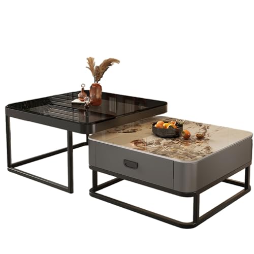Couchtisch-Set mit Metallrahmen und Aufbewahrungsschublade, Tischplatte aus gehärtetem Glas für Wohnzimmer, modernes Bauernhaus-Design von Generisch