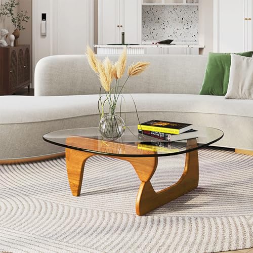 Couchtisch Wohnzimmertisch Modern Glas Sofatisch Dreieckiger Coffee Table Beistelltisch mit Tischbeine Holz - Einfache Montage- Deko Wohnzimmer (Walnut + Transparent, 82 × 57 ×40cm) von Generisch